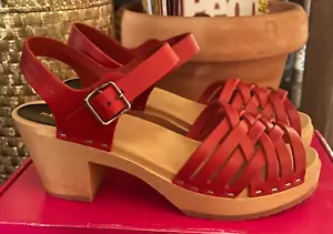 Swedish Hasbeens BRAIDED HIGH Wood Clog Sandals RED Nubuck Size 38 US 7.5? NEW - Picture 1 of 8
