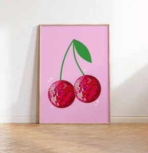 Pink Cherry Disco Ball Print Poster Retro 90s Groovy Wall Art Home Decor 2435 - Picture 1 of 3