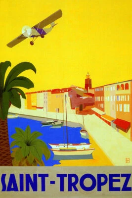 FRANCE SAINT TROPEZ BEACH SAILBOAT AIRPLANE TRAVEL TOURISM VINTAGE POSTER REPRO - Image 1 of 3