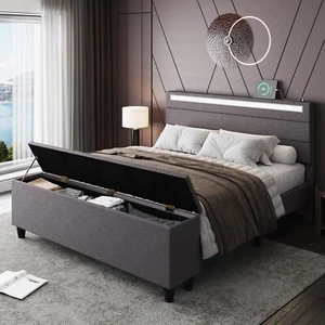 Full/Queen Bed Frame with Upholstered Headboard with LED Lights and USB Ports - Picture 1 of 23