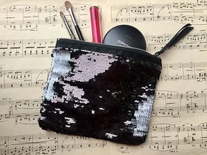 Flip Sequin Make Up Bag. Reversible Mermaid Sequin Clutch BLACK & WHITE Sequins - Picture 1 of 3