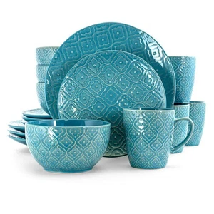 Elama Aqua Lily 16-teiliges klassisches aquablaues Steingut Geschirrset (Service für - Bild 1 von 8