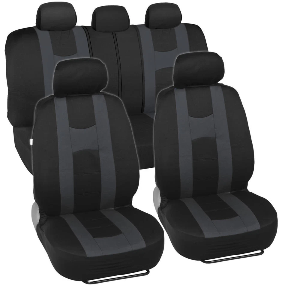 Car Seat Covers Sport Stripe Black & Charcoal Gray Front and Rear Bench Full Set - Image 1 of 4