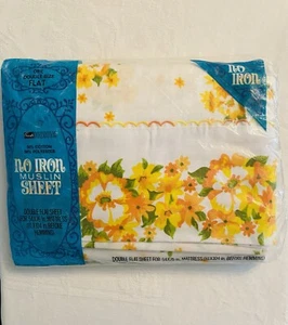 Vintage NOS Grants Orange Floral Double Full Flat Bed Sheet No Iron Muslin New - Picture 1 of 11