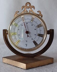  VINTAGE BRASS FRENCH DESK TOP WEATHER TEMPERATURE SCALE (FAHRENHEIT) ON STAND 