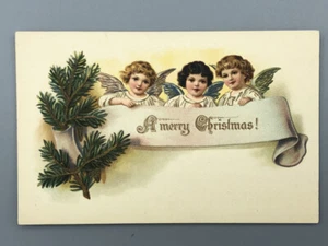 c 1910 NAVIDAD ÁNGELES Y PINO Postal ANTIGUA Repujada Alemania - Imagen 1 de 2