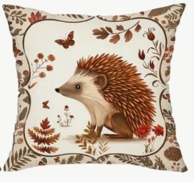 "Funda de almohada de lino para decoración del hogar de vacaciones 18"" erizo hojas de otoño naturaleza otoño" Foto 1 de 3