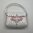 Women's Woven Mini Purse Flap Bag Top Handle White x Light Pink Cute