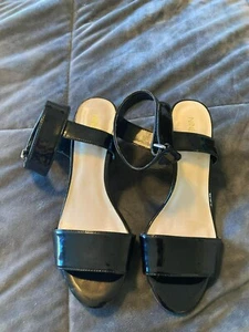 NWOT Nine West 8 1/2M Black Wedge Heels Sandals Ankle Buckle - Picture 1 of 6