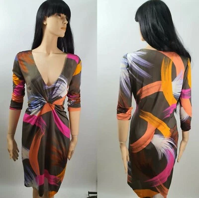 Matthew Williamson Brown Printed Womens 100% Silk 3/4 Sleeve Knot Dress Size 10 - Image 1 of 4
