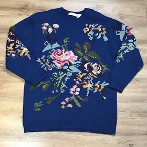 Vintage Pullover Liz Claiborne Gr. Small Blumen Gobelin 90er Oma Weihnachten blau - Bild 1 von 12