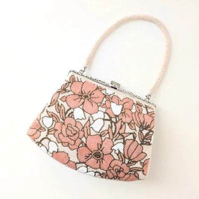 Bolso de noche japonés vintage con cuentas patrón floral rosa 7 x 5 pulgadas Foto 1 de 4