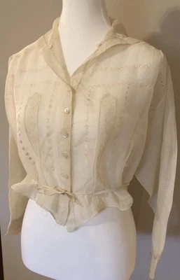 Blusa Top Vintage Transparente Bordada Filete Encaje Marfil Césped 40 Foto 1 de 4