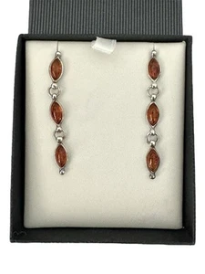 AMBER STERLING SILVER 925 Long Earrings Drop Dangle 4.5cm - Picture 1 of 7