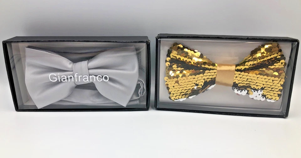 Lote de 2 pajaritas de lentejuelas plateadas y doradas con bolsillo conjunto de pañuelos cuadrados nuevo Foto 1 de 4