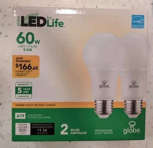 Globe LED Standard Size Warm Light Bulbs A19 - 9.5 Watt = 60 Watt 2 pk Pack of 2 - Picture 1 of 1