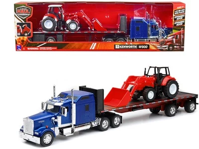 2023 Kenworth W900 Truck Flatbed Trailer Diecast Model Blue Metallic w/ Farm ... - Image 1 of 4