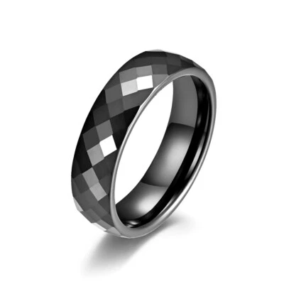 6MM Width Black Ceramic Wedding Band Ring Geometric Diamond Faced Ring Size 7-12 - Image 1 of 2