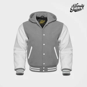 Chaqueta Universitaria Premium Cuerpo Gris Mangas Blancas Letterman Béisbol Colegio Bombardero - Imagen 1 de 5