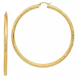 Real 14kt Yellow Gold Diamond-cut 4x80mm Lightweight Round Tube Hoop Earrings - Picture 1 of 6