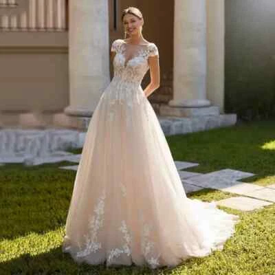 Champange Wedding Dresses Applique Short Sleeve Backless Buttons Bridal Gowns - Image 1 of 4