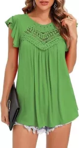 Women's Summer Tops Ruffle Short Sleeve Lace Pleated Blouses Casual Knit Shirts - Picture 1 of 7