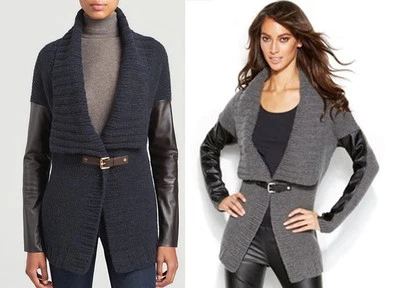 全新带标签 175 美元迈克尔·科尔斯人造皮革袖扣开衫德比灰色 M/海军蓝 L — 第 1/2 张图片