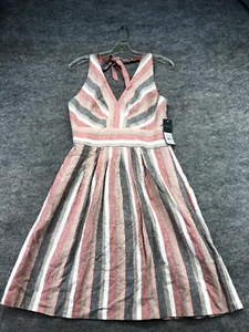 Vestido Donna Ricco Talla 8 Halter Rayas Corto Mezcla de Lino Gris Coral Bolsillos Nuevo con Etiquetas - Imagen 1 de 10