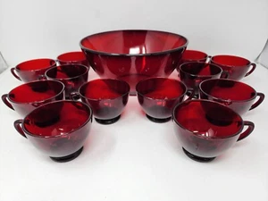 Set of Arcoroc Ruby Red Glass 12 Coffee Tea Cups & 1 Serving Bowl Made in France - Picture 1 of 8