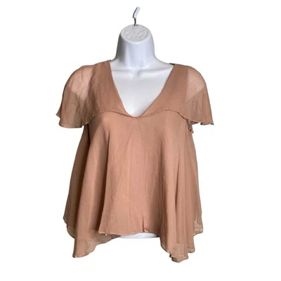 Miguelina Women's Nude Pink Silk Sheer Overlay Blouse Size S Coquette Flowy - Image 1 of 4