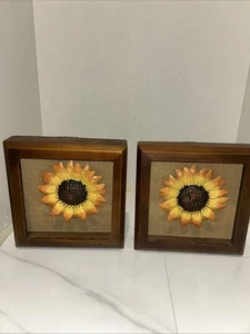 3 D Set Of 2 Metal Sunflower On Burlap In Wood Frames 8.5” X 8.5” - Picture 1 of 6
