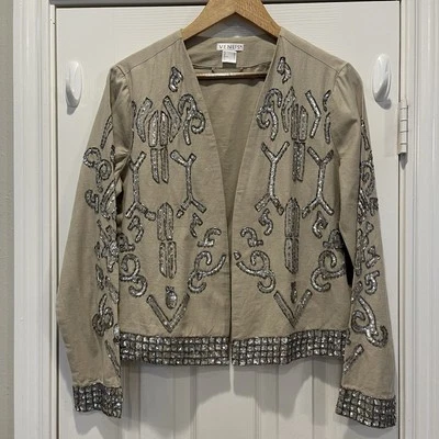 Venus Linen Blend Blazer Women’s  10 Jacket Embellished Sequin Beaded Beige Boho - Image 1 of 4