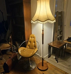Vintage MCM Wooden Teak Danish Standard Lamp c.1970 with Large Shade - Picture 1 of 4
