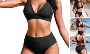 Bikini Set for Women Two Piece High Waisted Swimsuits 2025 V Neck Large Black - Picture 1 of 7