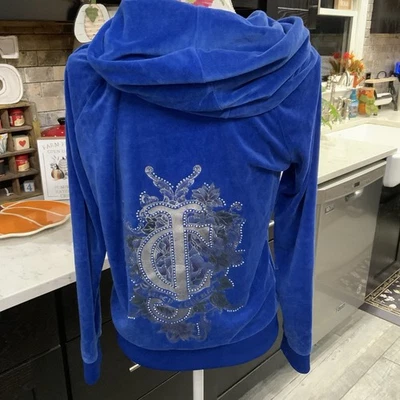 Juicy Couture Vintage Y2K Blue Velour Jacket Hoodie Rhinestone Bling Size Large - Image 1 of 4