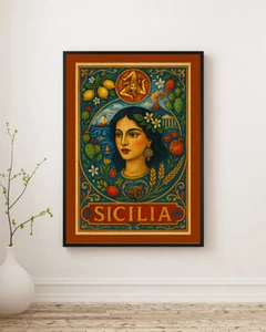 Vintage Style SICILIA  Poster - Trinacria Medusa Art Print - Italian Wall Decor - Picture 1 of 12