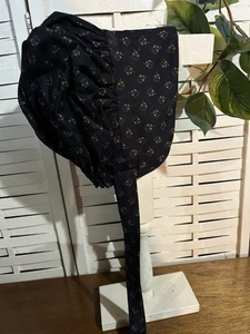 Primitive Prairie Child Bonnet Tea Stain Cotton Black Print - Picture 1 of 2
