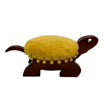 VTG 70’s Turtle Footstool Ottoman Wood Upholstered Pom Pom Trim Gold Yellow MCM - Image 1 of 4