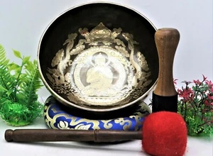 11" Mantra carved Buddha singing bowl, Tibetan healing bowl, home & living, Yoga - Picture 1 of 5