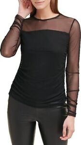 DKNY Women's Black Long Sleeve Mesh Blouse Top L Large