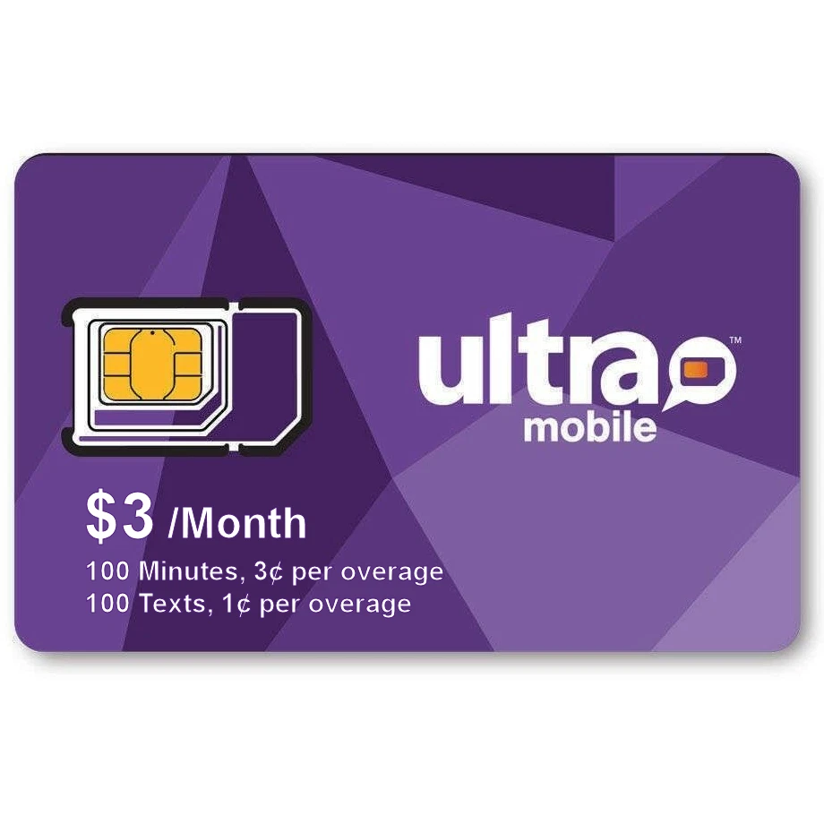 10 PACK Ultra Mobile $3 Month Prepaid SIM Card 100 Minutes SMS Data T-Mobile PK - Image 1 of 1