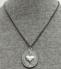 Silver Tone Chain Adjusts 15-17" Oval Pendant With Heart 1.5"