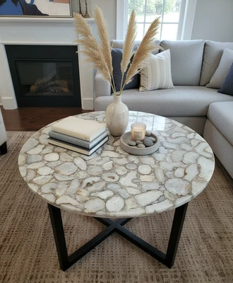 White Agate Coffee Table Top – Natural Gemstone Slab, Luxury Crystal Stone Decor - Image 1 of 4