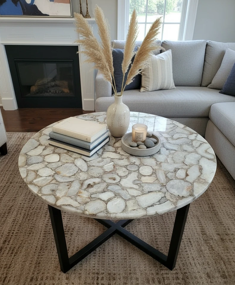 White Agate Coffee Table Top – Natural Gemstone Slab, Luxury Crystal Stone Decor - Image 1 of 4