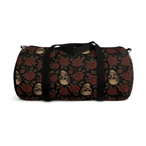 Black Gothic Skull and Rose Duffel Bag, Halloween Travel Gym Tote, Dark Floral - Picture 1 of 17