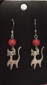 Silver Cat Dangle Earrings Red Wood Beads - Picture 1 of 11