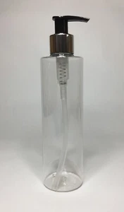 200ml Cylindrical PET Plastic Bottles+ Shiny Silver/Black Lotion Pump ANY AMOUNT - Picture 1 of 1