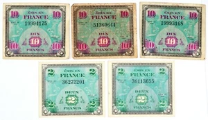 1944 France 2 Franc and 10 Franc Notes WWII Allied Military Currency Lot of 5 - Picture 1 of 2