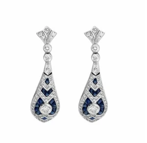 Art Deco Style Lab-Created Diamond & Sapphire Dangle/Drop Earrings In 925 Silve - Picture 1 of 7
