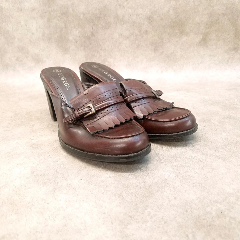 Mules George para mujer Mallory talla 6 marrón sin cordones con flecos tacón bloque Foto 1 de 4